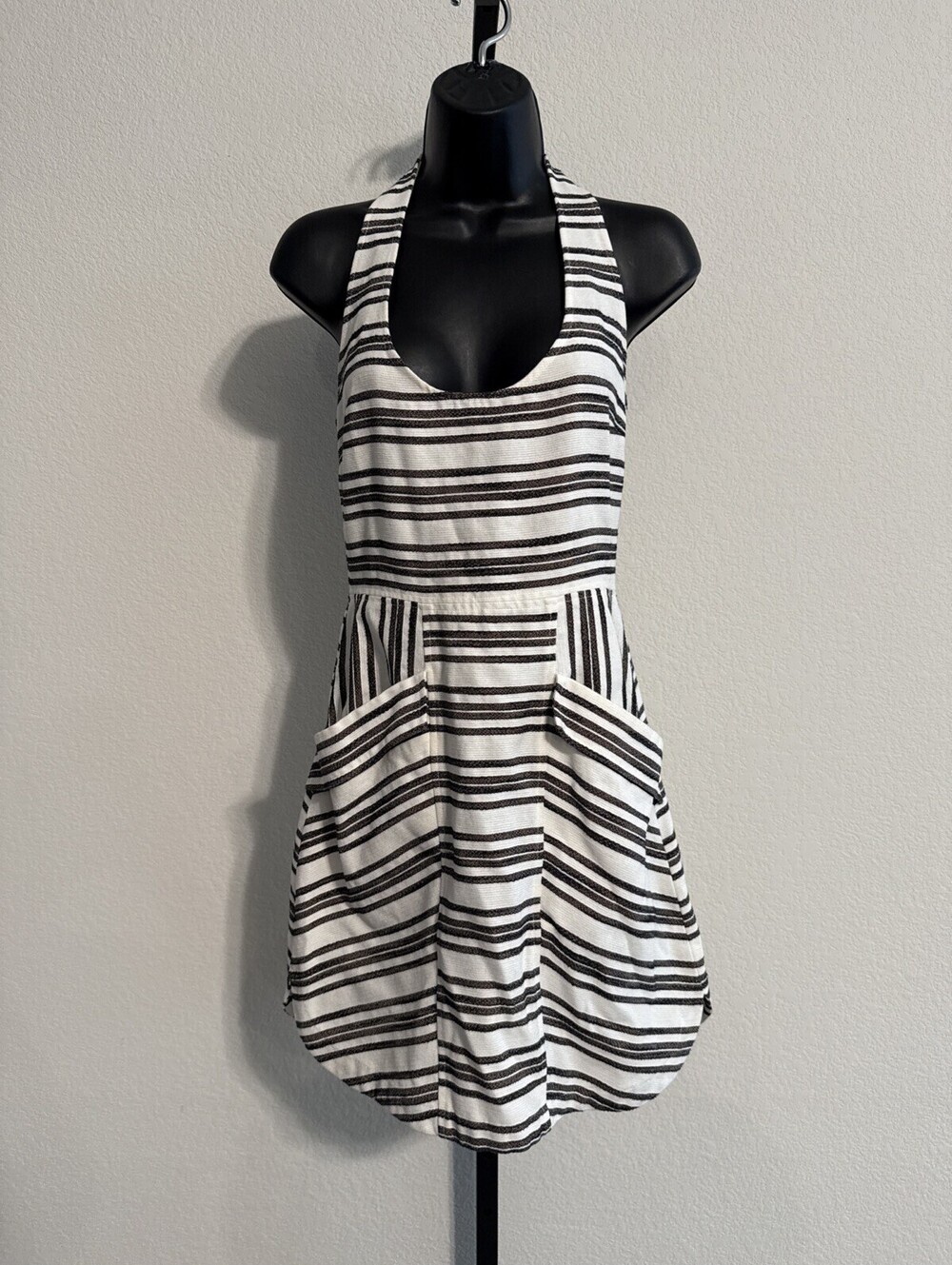 A.L.C ALC WHITE/BLACK STRIPED COTTON HALTER NECK FRONT POCKET MINI DRESS Sz 4